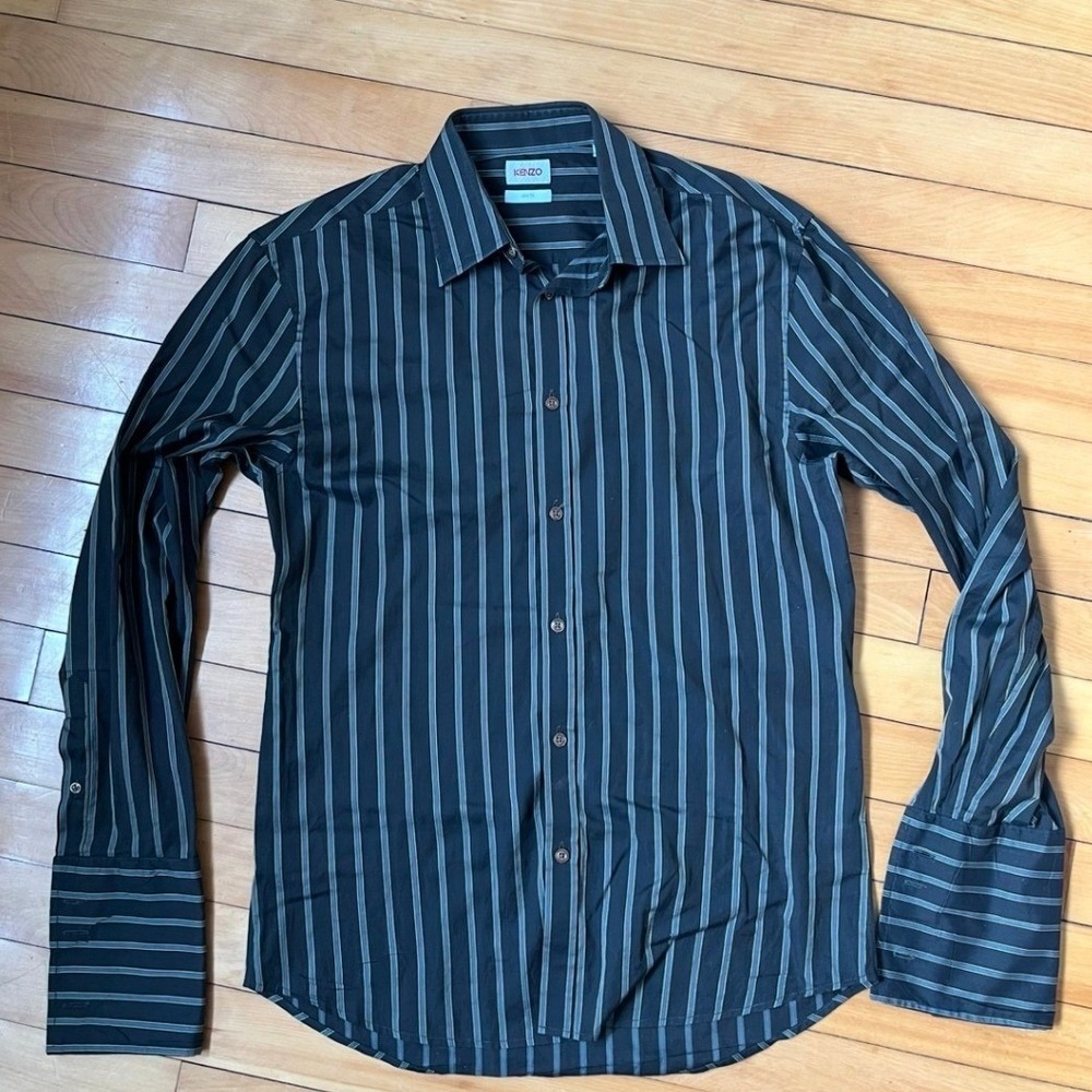 Kenzo Slim Fit Striped Button Down Up Dress Shirt Black Blue Mens Size 40 15.75